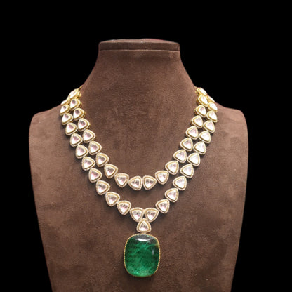 "Dazzle in Double Layers: The Exquisite Asp Fashion Emerald & Kundan Necklace Set"