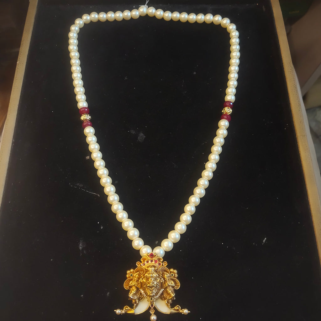 Narasimha Temple Pearl Necklace with Ruby Beads – Men's Wedding Jewellery 775096009836