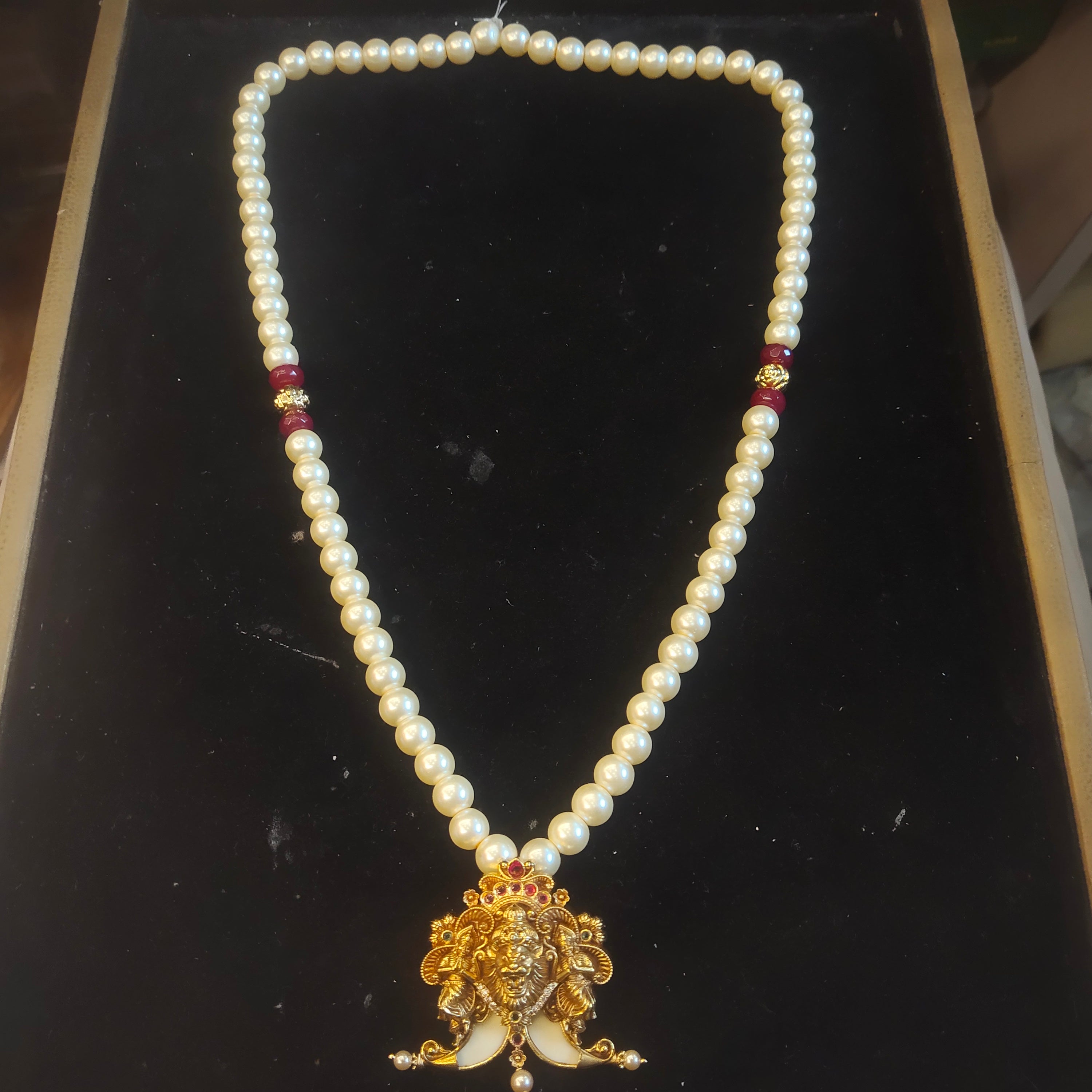 Narasimha Temple Pearl Necklace with Ruby Beads – Men's Wedding Jewellery 775096009836