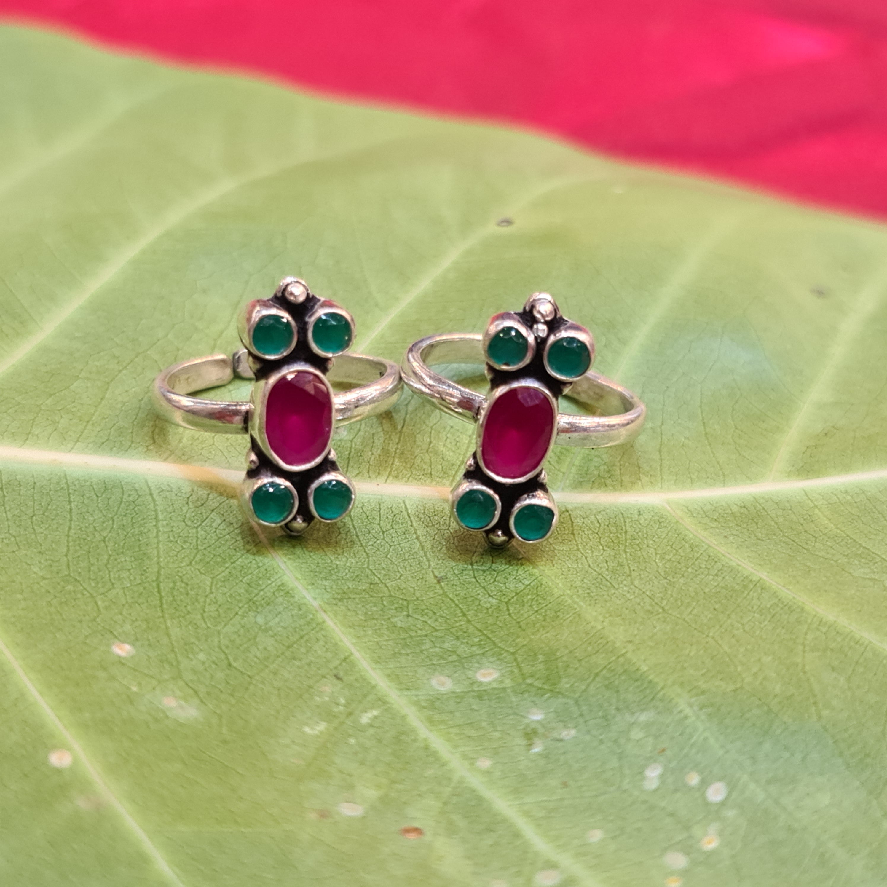 925 Sterling Silver Ruby Emerald Toe Rings - Premium Gemstone Bichiya 6.8g