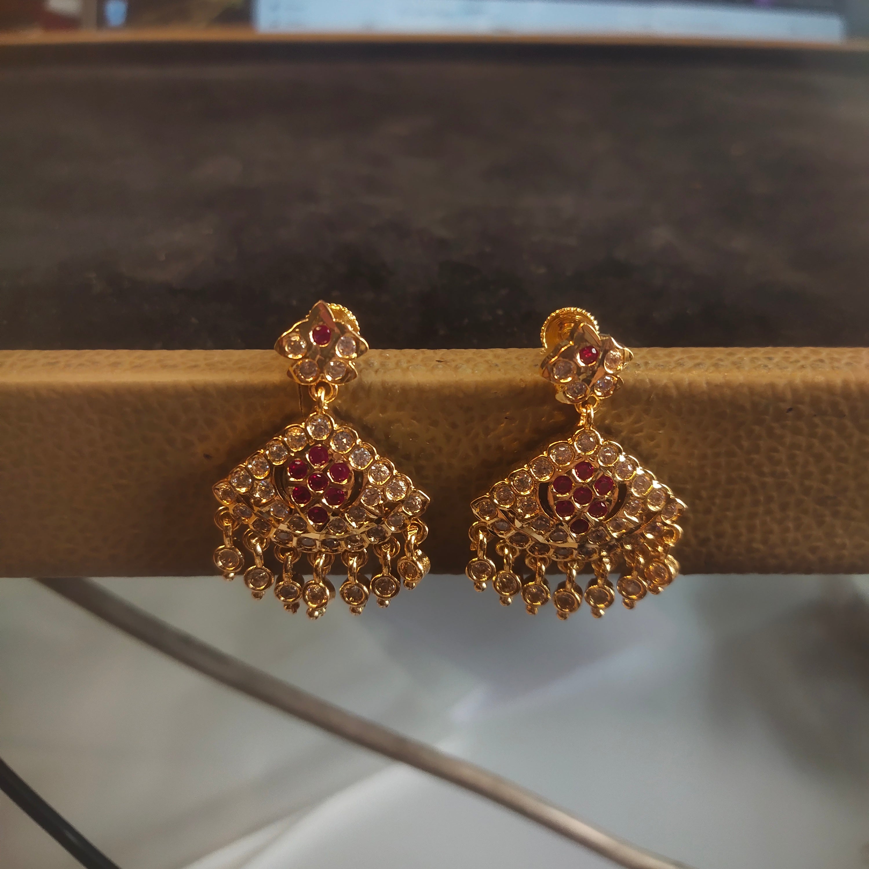 Gold Plated Ruby & CZ Stone Jhumka Earrings | Traditional Indian Chandbali
