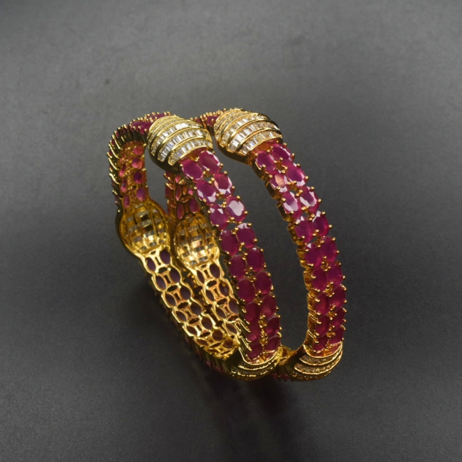 Gold Plated Pink CZ Stone Bangles Set - Glamorous Wedding Jewelry