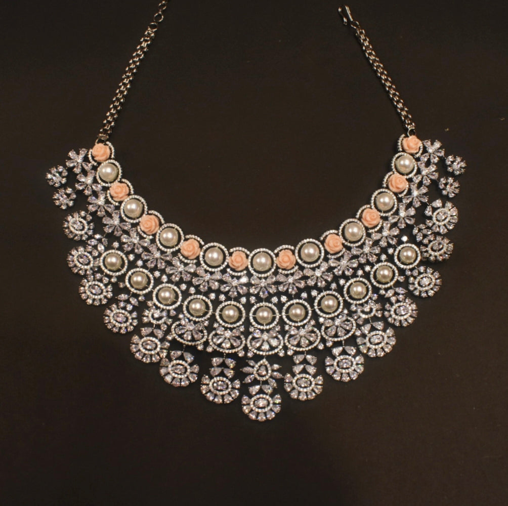 Pink Flower Beads Pearl Diamond Victorian Choker Set - Hyderabadi Bridal Jewelry