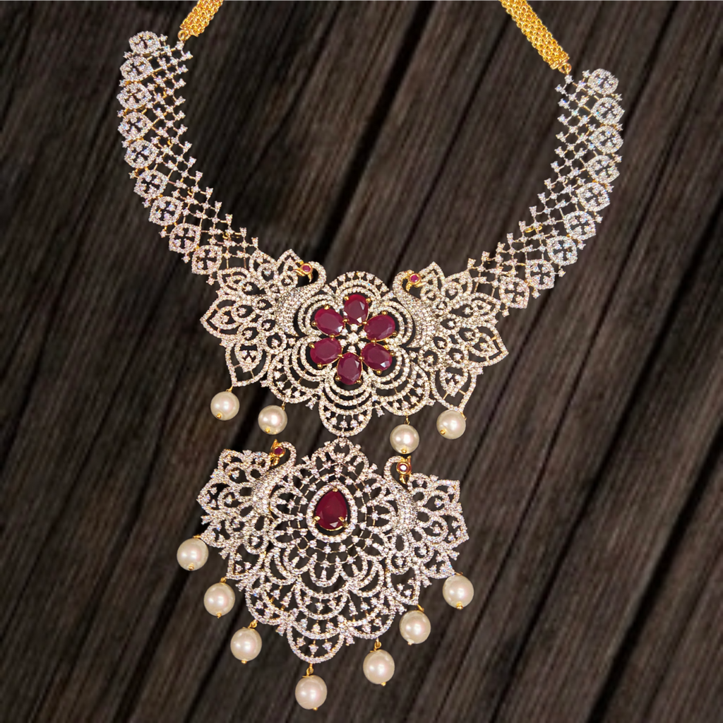 American Diamond Haram with Ruby Pearls - Bridal Jewellery