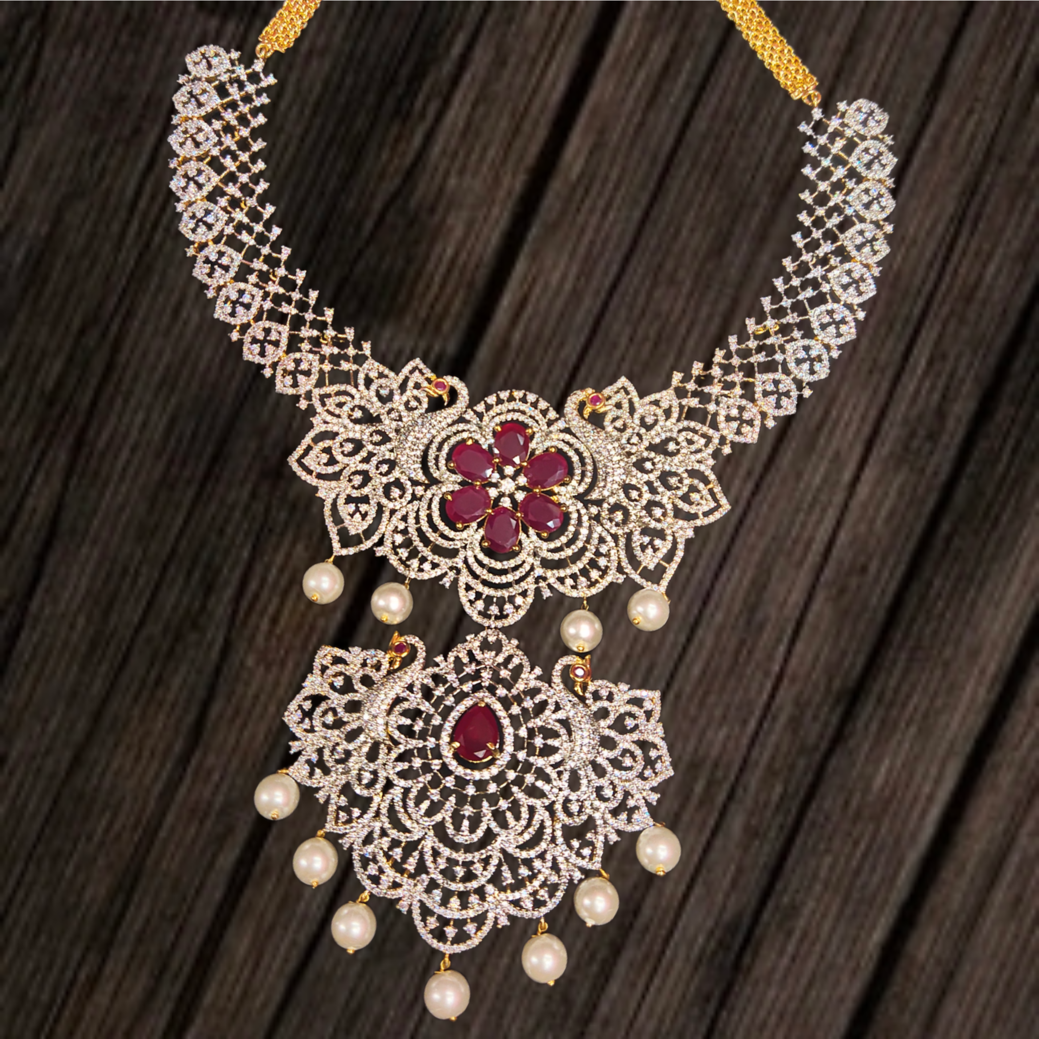 American Diamond Haram with Ruby Pearls - Bridal Jewellery