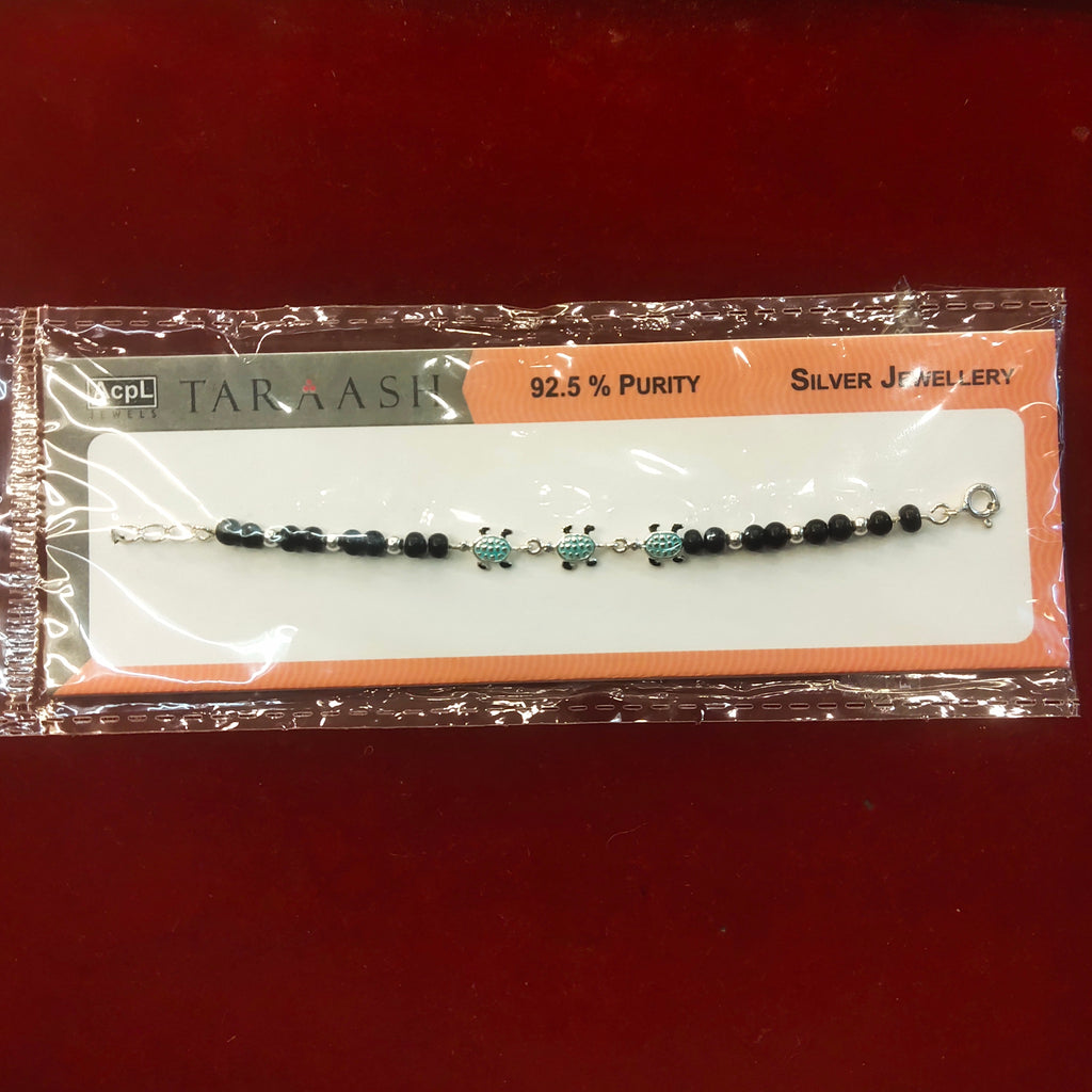 92.5 Sterling Silver Turtle Charm Bracelet for Kids | Black Bead Children's Bracelet