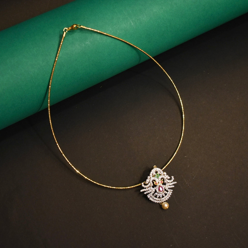 Asp Rhodium Gold Cubic Zirconia Pendant With Shimmering 24K Gold-Plated Cord Chain