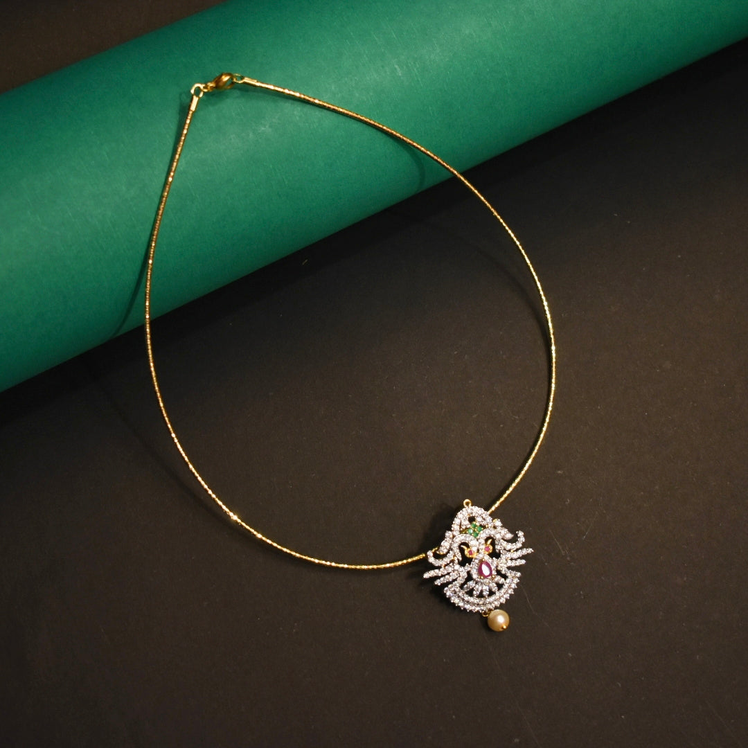 Asp Rhodium Gold Cubic Zirconia Pendant With Shimmering 24K Gold-Plated Cord Chain