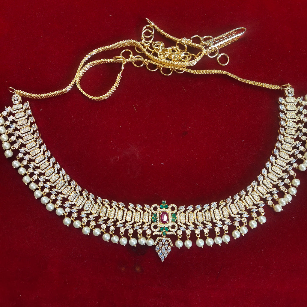 Stunning Zircon 24K Gold Plate Stylish Chain Vaddanam.