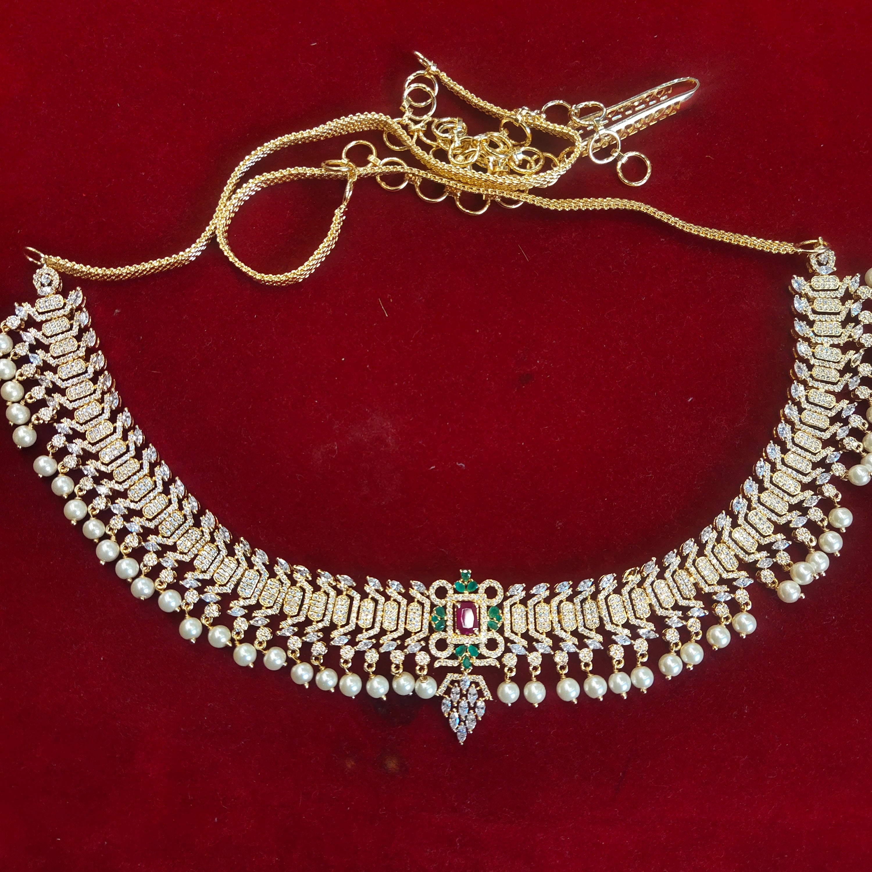 Stunning Zircon 24K Gold Plate Stylish Chain Vaddanam.