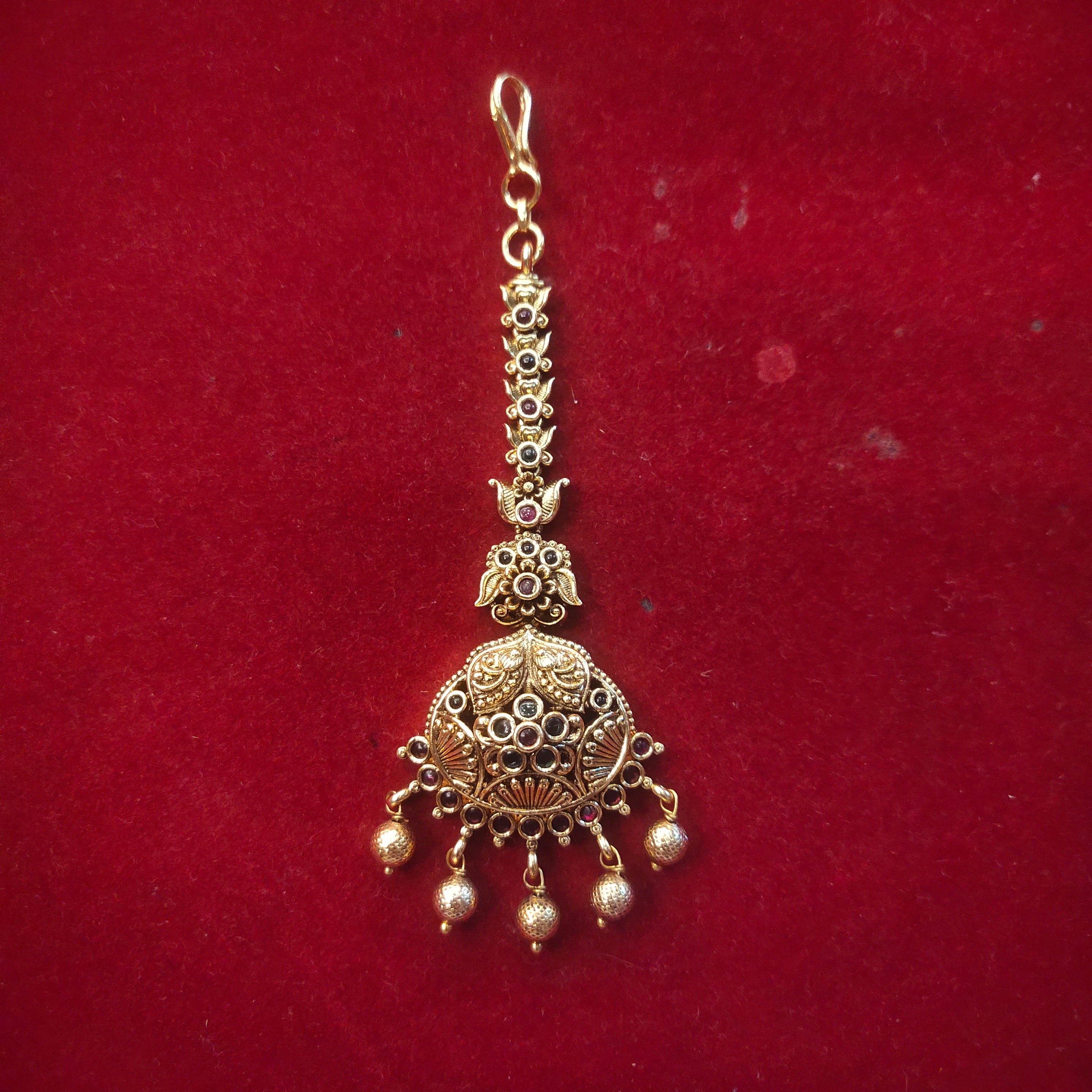 Antique Gold Dome Filigree Maang Tikka with Gold Ball Drops