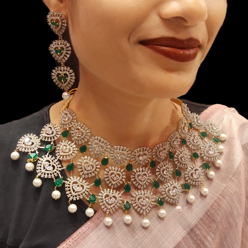 Emerald Pearl Drop Diamond Choker Set - Bridal Jewelry 24K Gold