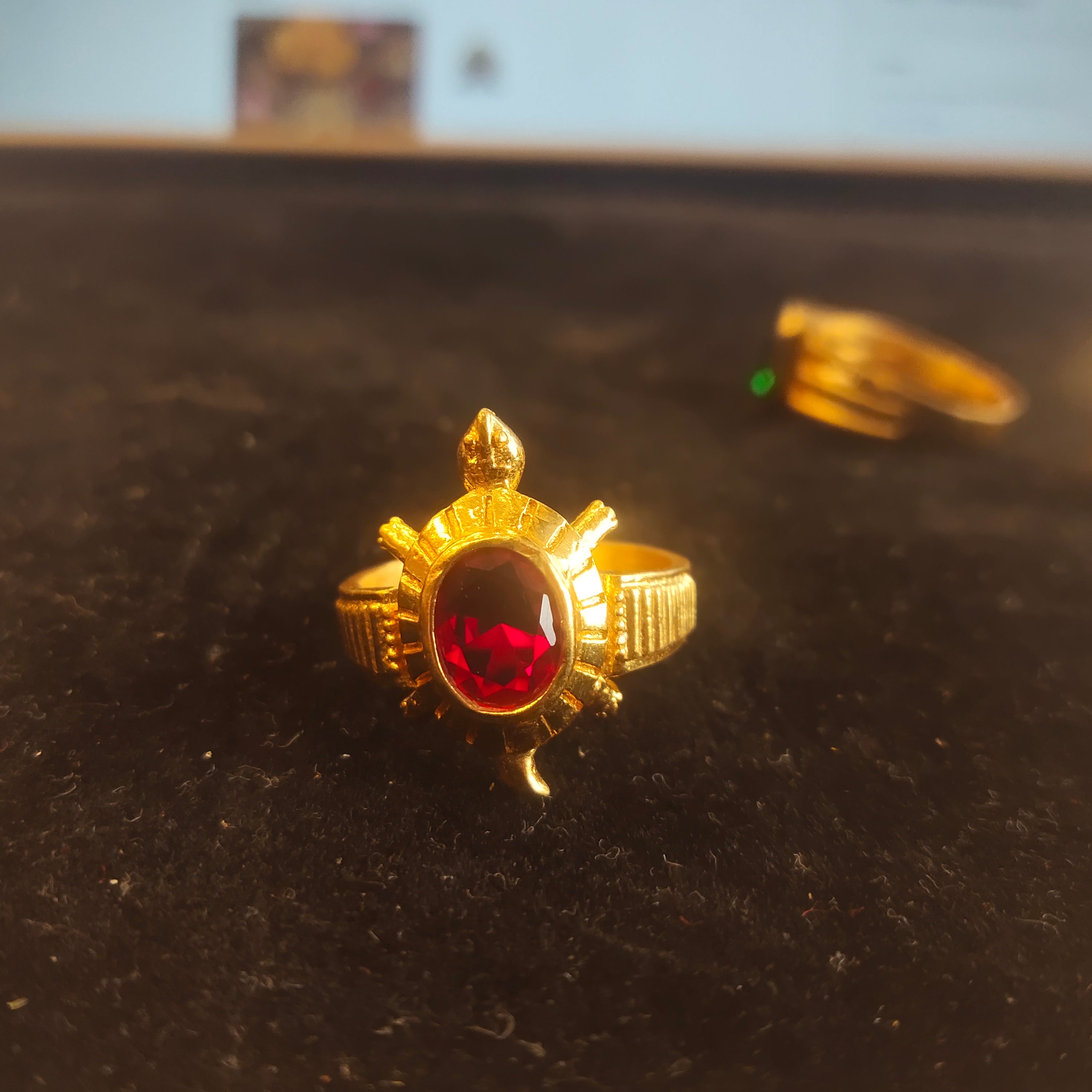 Gold Turtle Ring with Stone - Kachua Ring for Good Luck & Vastu (Yellow / Green / Red)