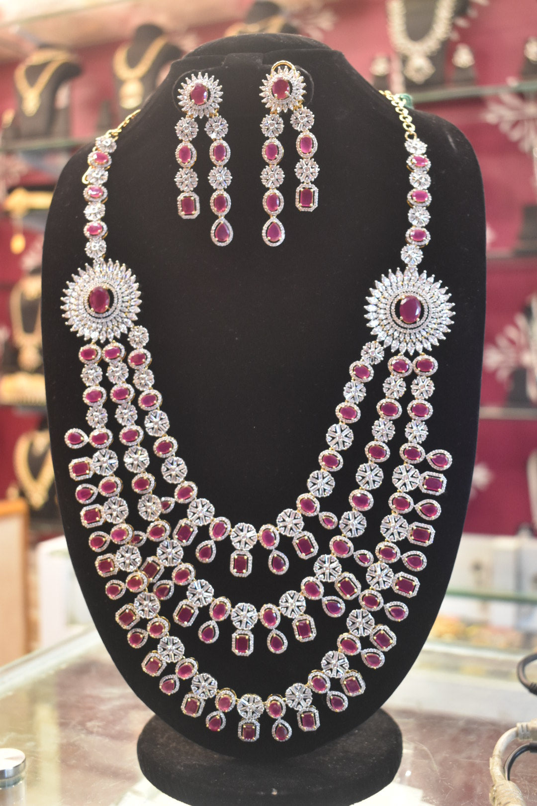 Ruby & Diamond Multi-Layer Bridal Necklace Set with Earrings 114366196646