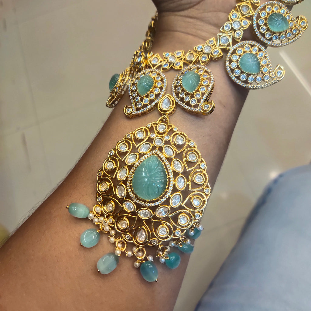 Pastel Green Kundan Mango Necklace - Traditional Indian Jewelry Set
