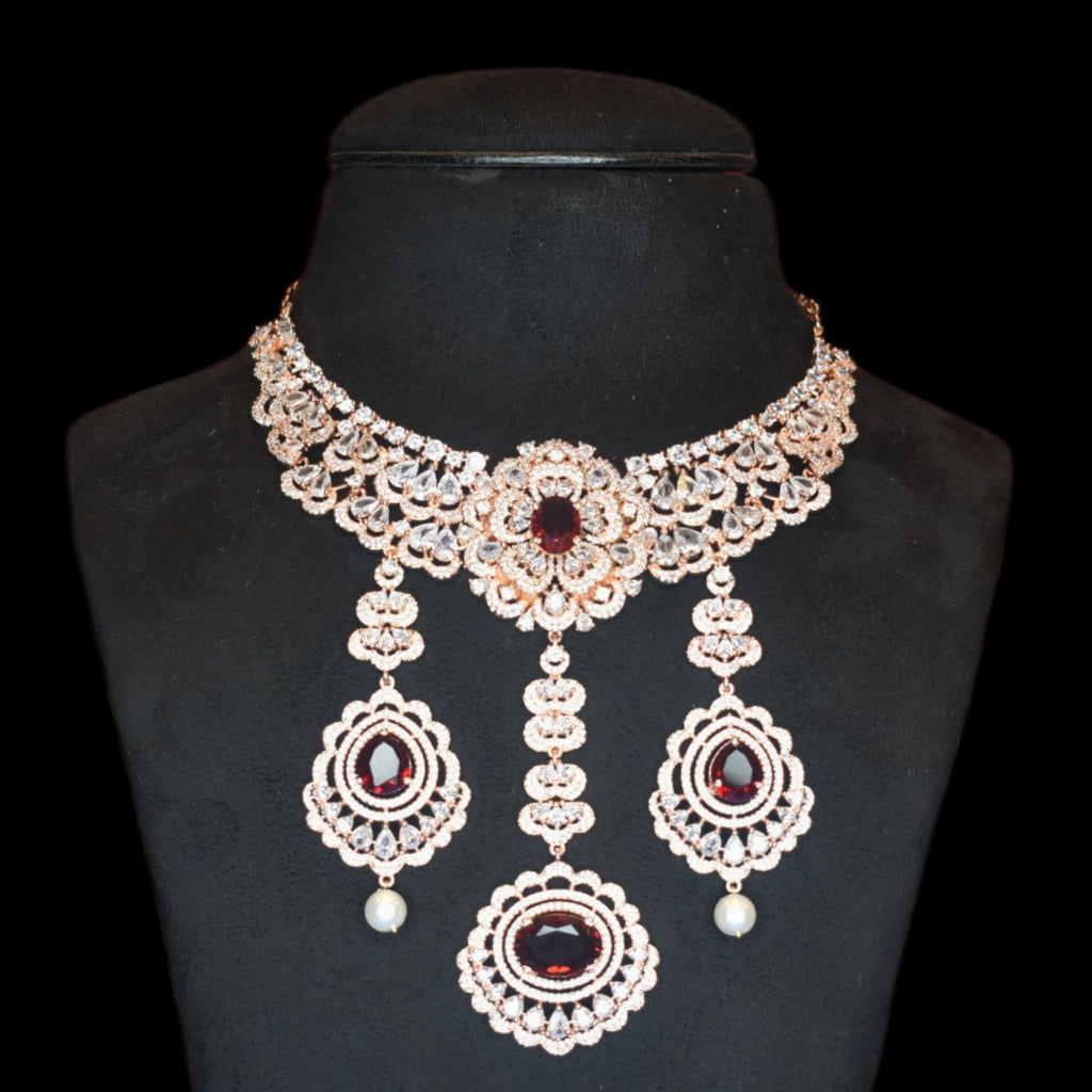 Regal Rose Gold American Diamond Necklace Set with Pearls - Bridal Choker