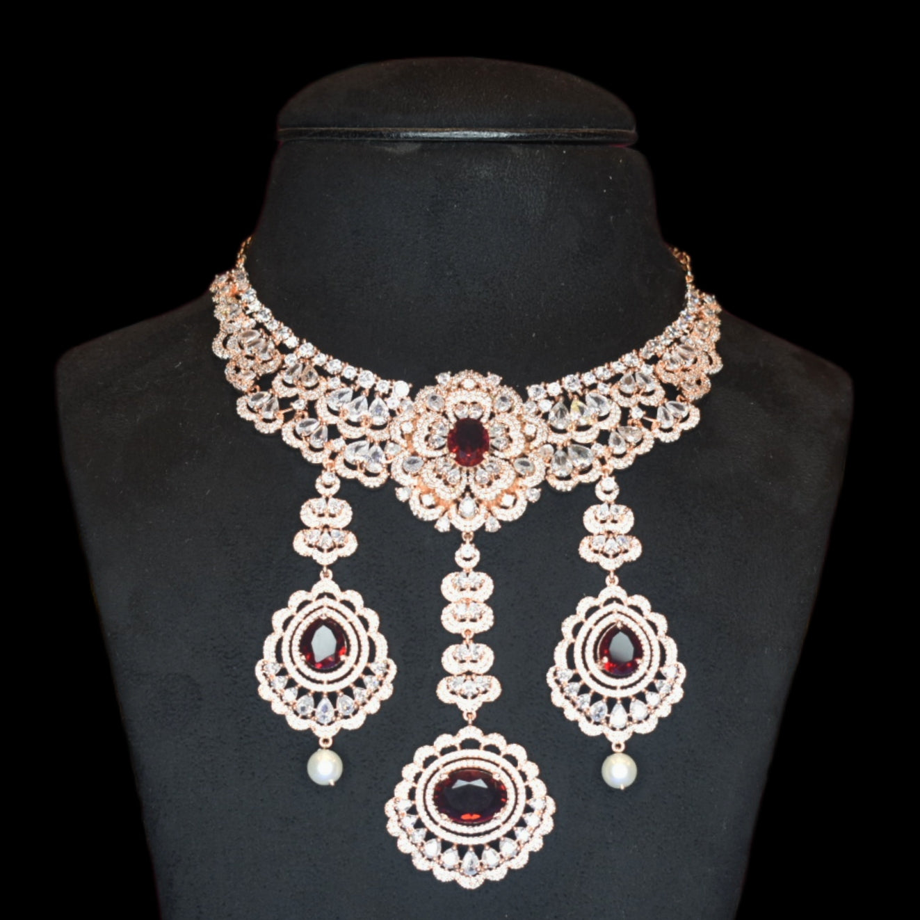 Regal Rose Gold American Diamond Necklace Set with Pearls - Bridal Choker