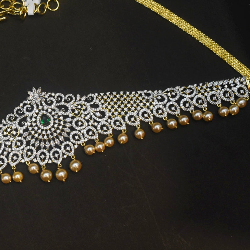 Green Zircon Rhodium-Gold Double Tone Plated Vaddanam Waist Chain