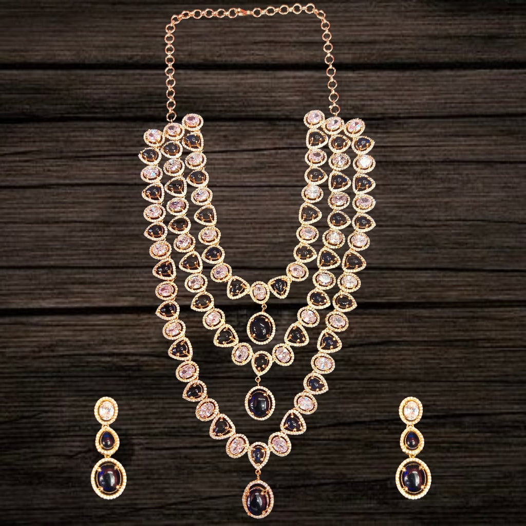 Blue Rose Gold American Diamond Layered Necklace Set - 24 Inch Wedding Jewelry