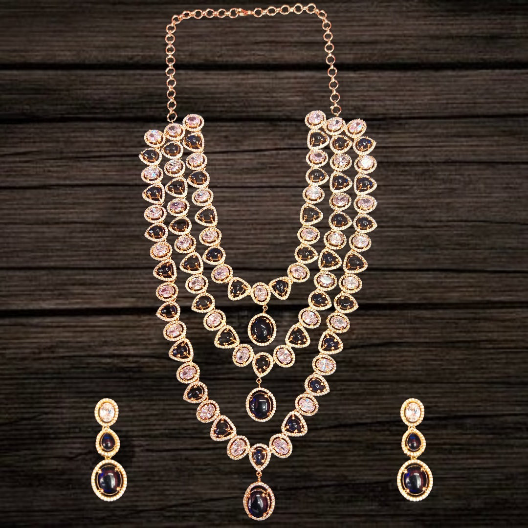 Blue Rose Gold American Diamond Layered Necklace Set - 24 Inch Wedding Jewelry