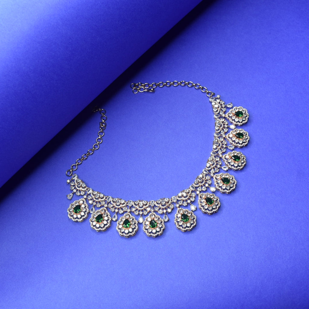 Rose Gold CZ Necklace Set with Jhumkas - Cubic Zircon Jewelry