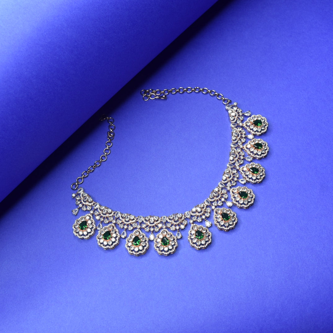 Rose Gold CZ Necklace Set with Jhumkas - Cubic Zircon Jewelry