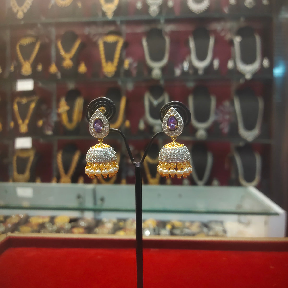 Rhodium-Gold Plated Zircon Diamond Jhumka Earrings - Purple Stone
