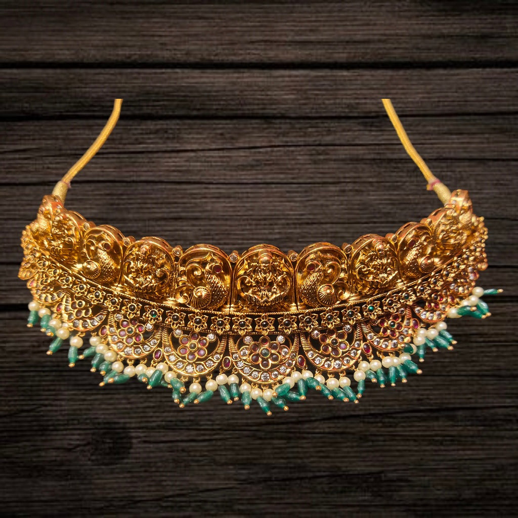 Nagas Lakshmi Peacock Kemp Choker Set with Jhumka - 24K Gold Bridal Jewellery