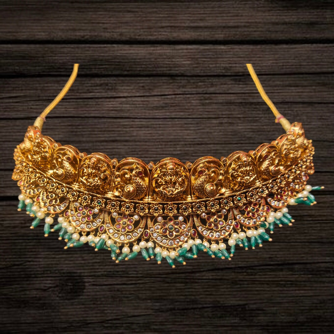 Nagas Lakshmi Peacock Kemp Choker Set with Jhumka - 24K Gold Bridal Jewellery