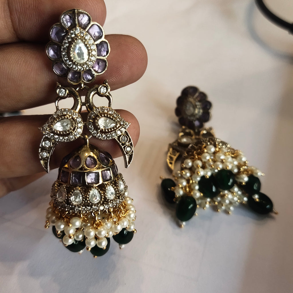 Asp Victorian CZ Peacock Jhumka Earrings