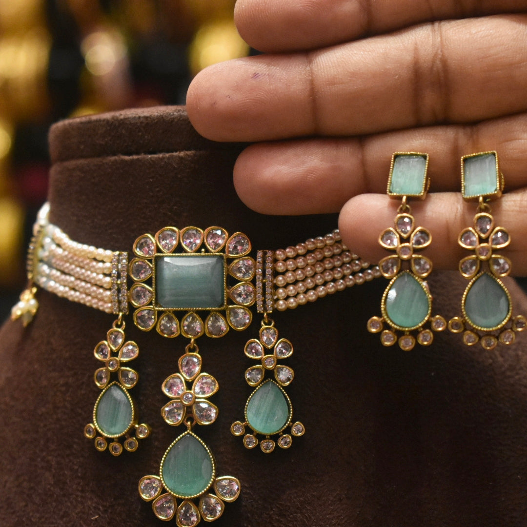Asp Pastel Green Victorian Diamond Pearls Choker Necklace Set