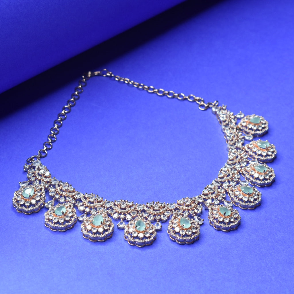 Rose Gold Plated Cubic Zircon Necklace - CZ Jhumka Jewelry Set
