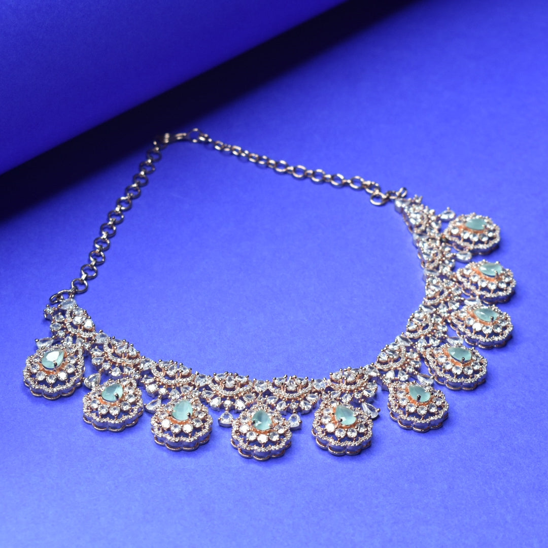 Rose Gold Plated Cubic Zircon Necklace - CZ Jhumka Jewelry Set