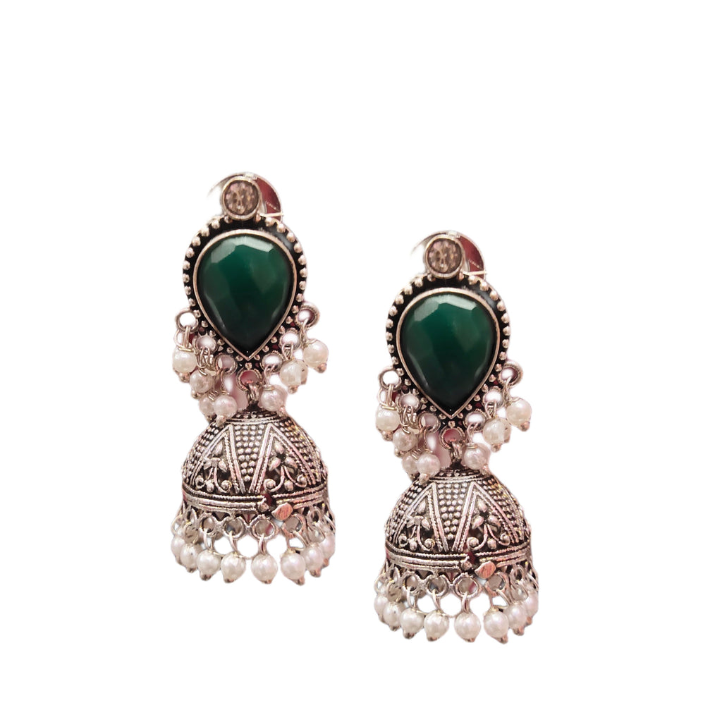 Traditional Oxidized Silver Jhumka Earrings - Pink Stone Embellished