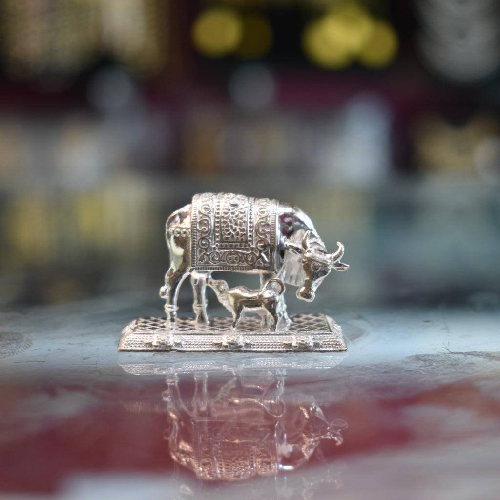 Pure Silver Kamdhenu Cow Idol - Handcrafted Sacred Gau Mata Statue