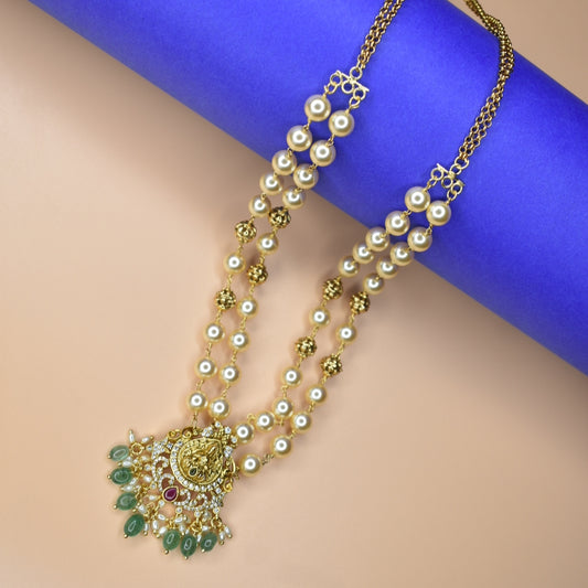 "Dazzling Divinity: Nagas Laxmi Pendant Adorned with Double Layer Pearls"