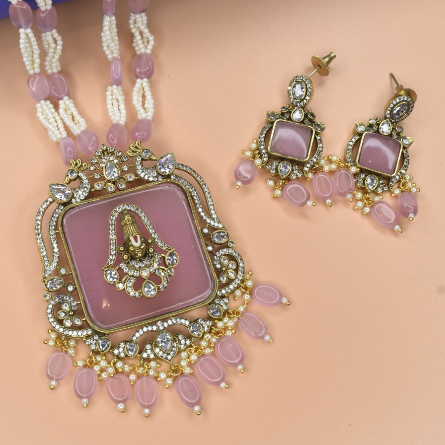 Pink Victorian Balaji Pendant Set with Beads Necklace & Earrings