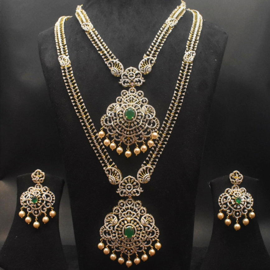 Green Zircon Long & Short Necklace Combo Set - Rhodium Gold Plated Bridal Jewelry