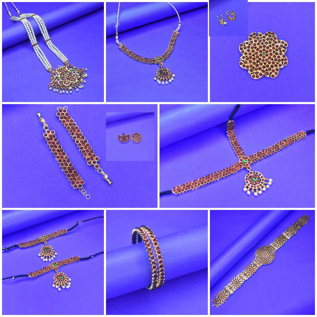 Classical Bharatanatyam Jewellery Set - 12 Piece Temple Dance Ornament Collection