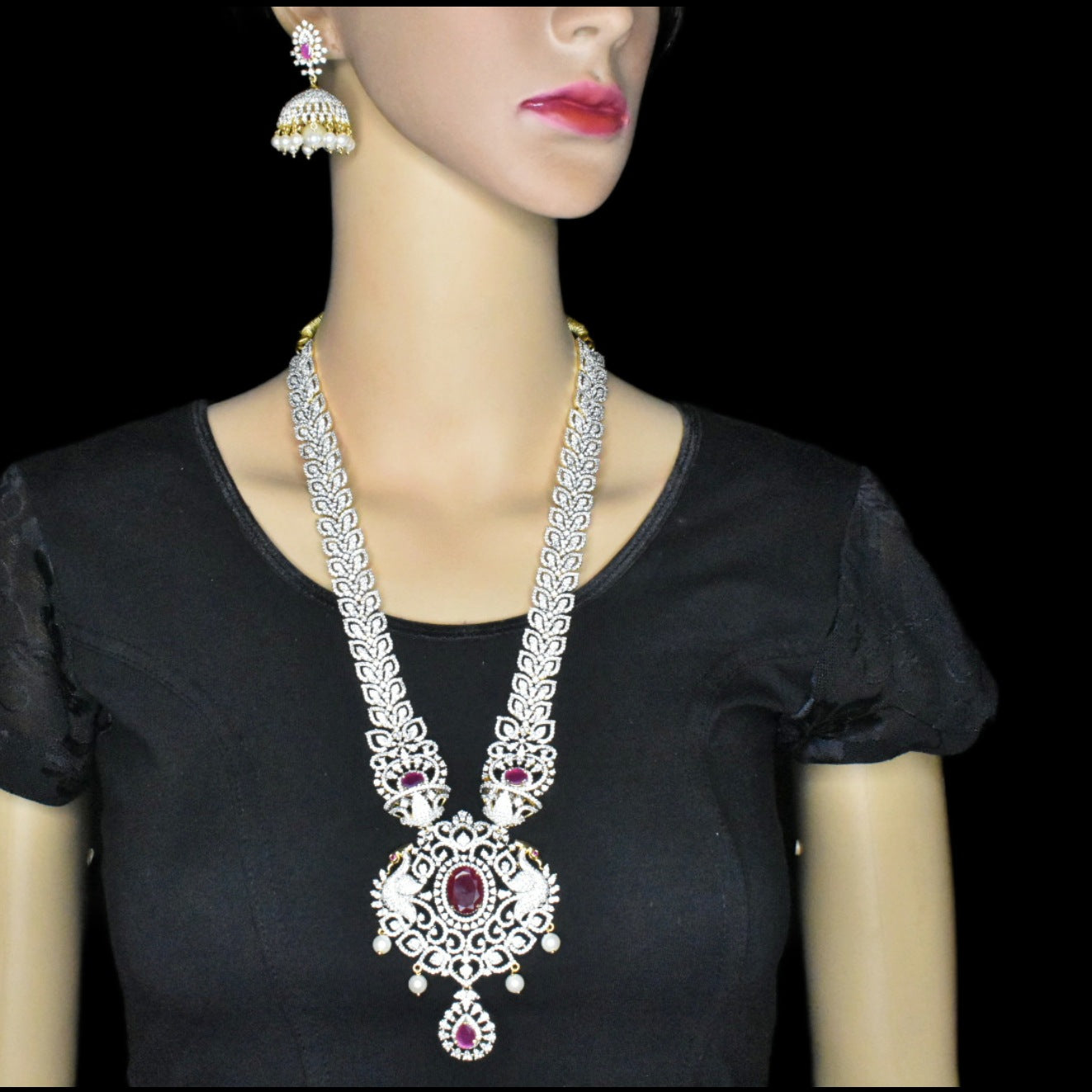 Bridal Diamond Haram with Ruby & Pearls - 24K Gold Wedding Necklace Set