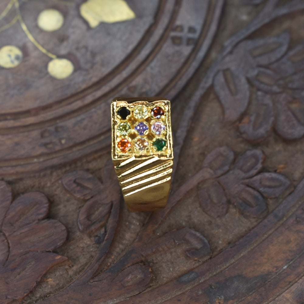 Navratna Ring for Men - 24K Gold Plated Nine Gemstone Silver Ring