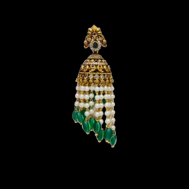Antique Jhumka Earrings with Pearls & Emerald Beads | 7cm Long Traditional Jewellery