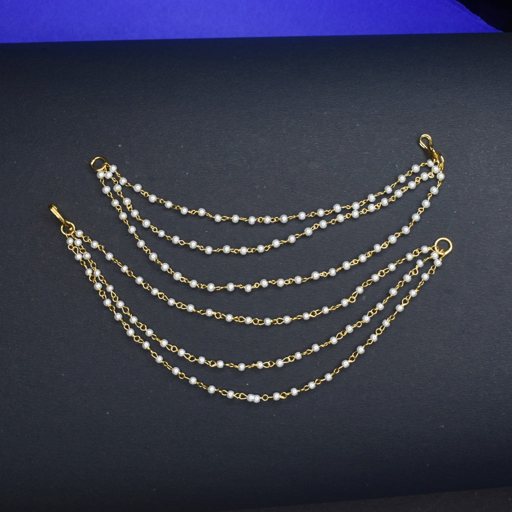 3 Line Pearl Champaswaralu - 24K Gold Plated Ear Chains