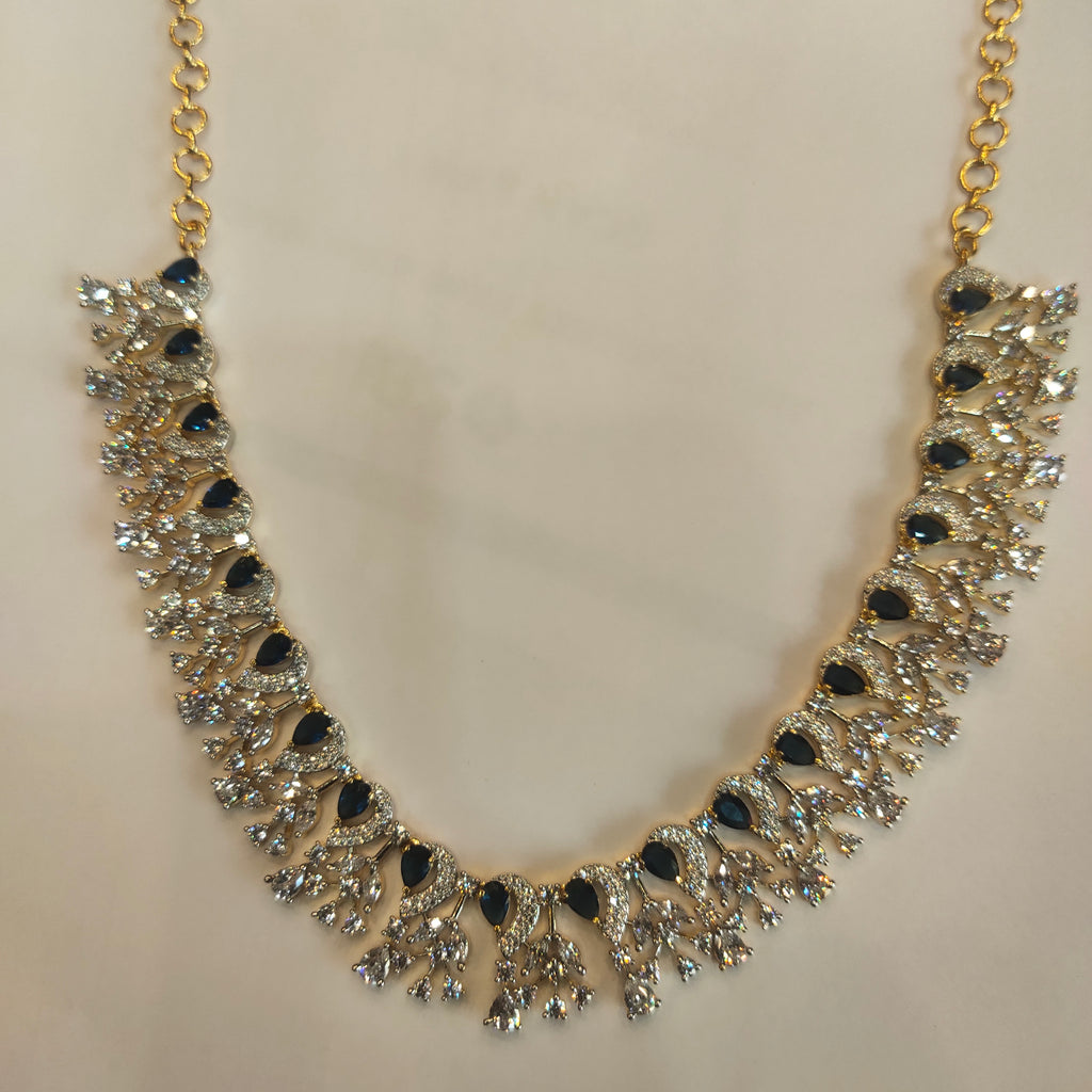 Blue & White Zircon Rhodium-Gold Plated Necklace - Elegant Statement Jewelry