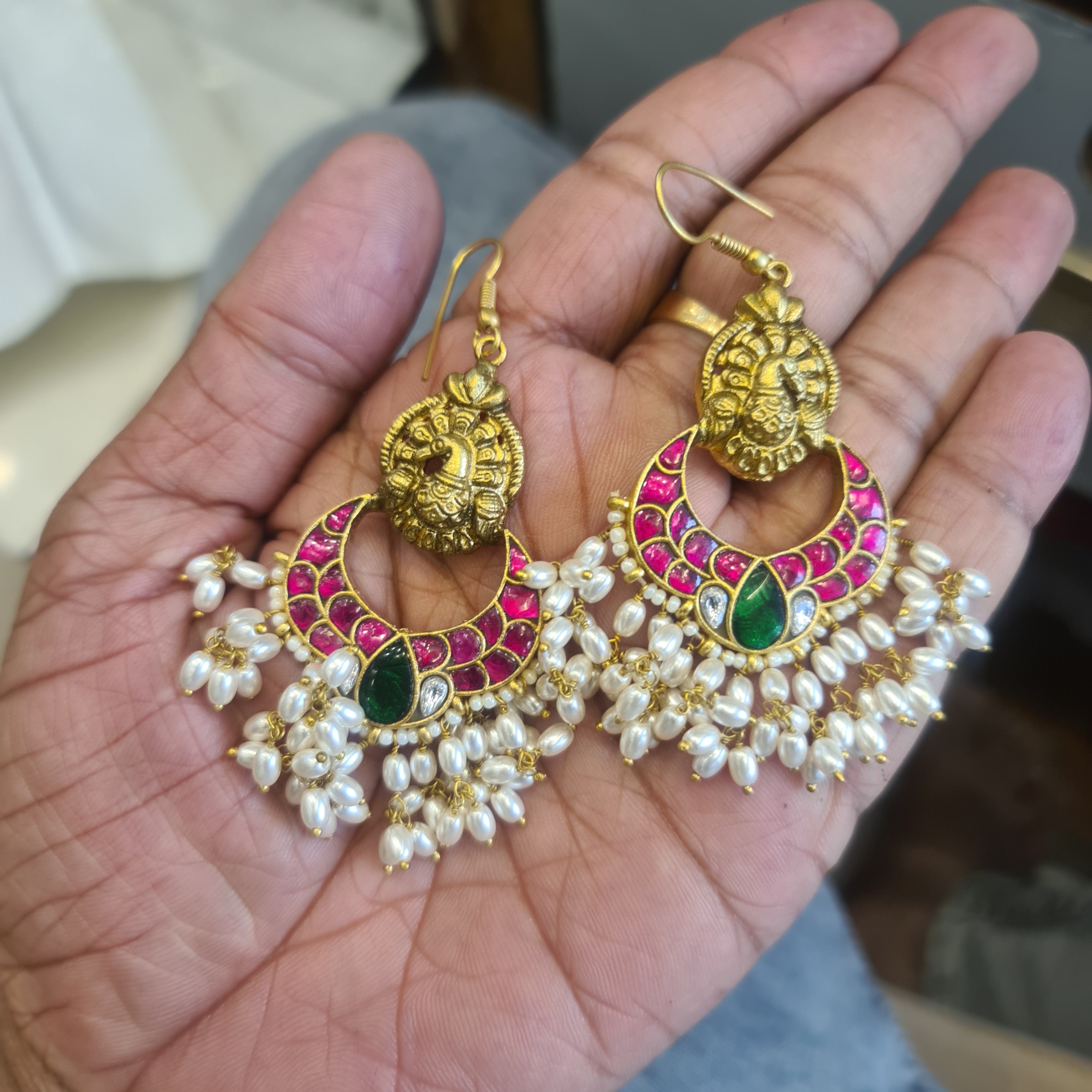 Jadau Kundan Peacock Chandbali Dangler Earrings | Ruby Pink | Pearl Drops | 9cm