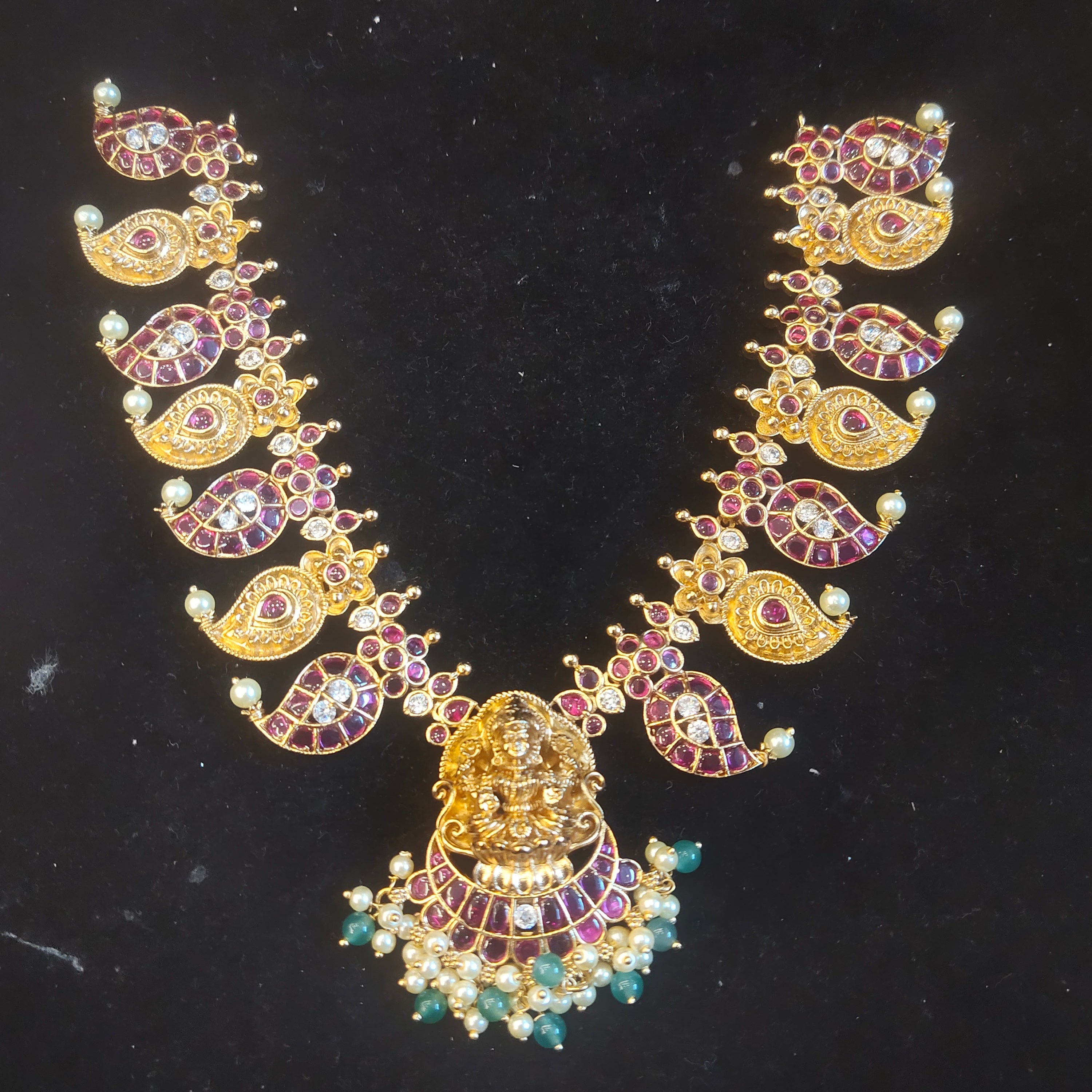 Ruby Temple Mango Necklace | Short Lakshmi Pendant Necklace with Pearls 396418240147