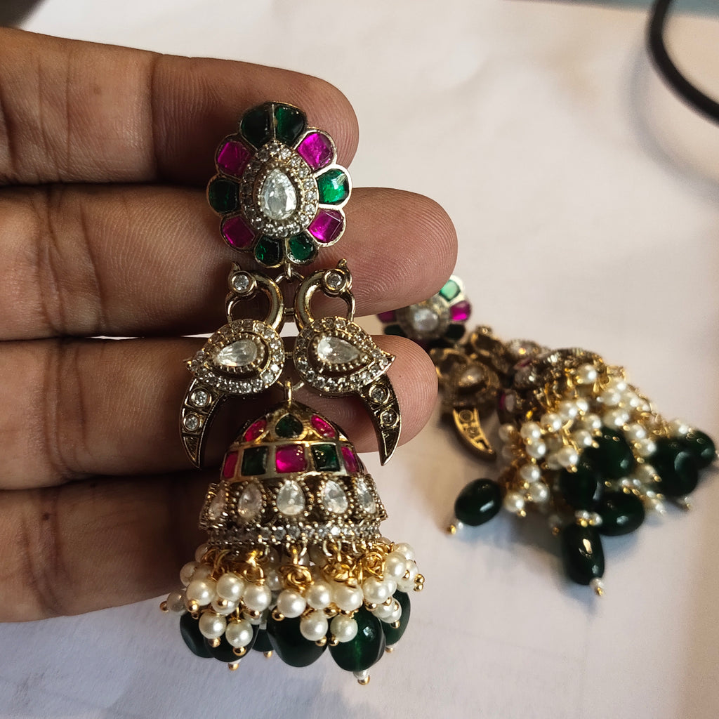 Asp Victorian CZ Peacock Jhumka Earrings
