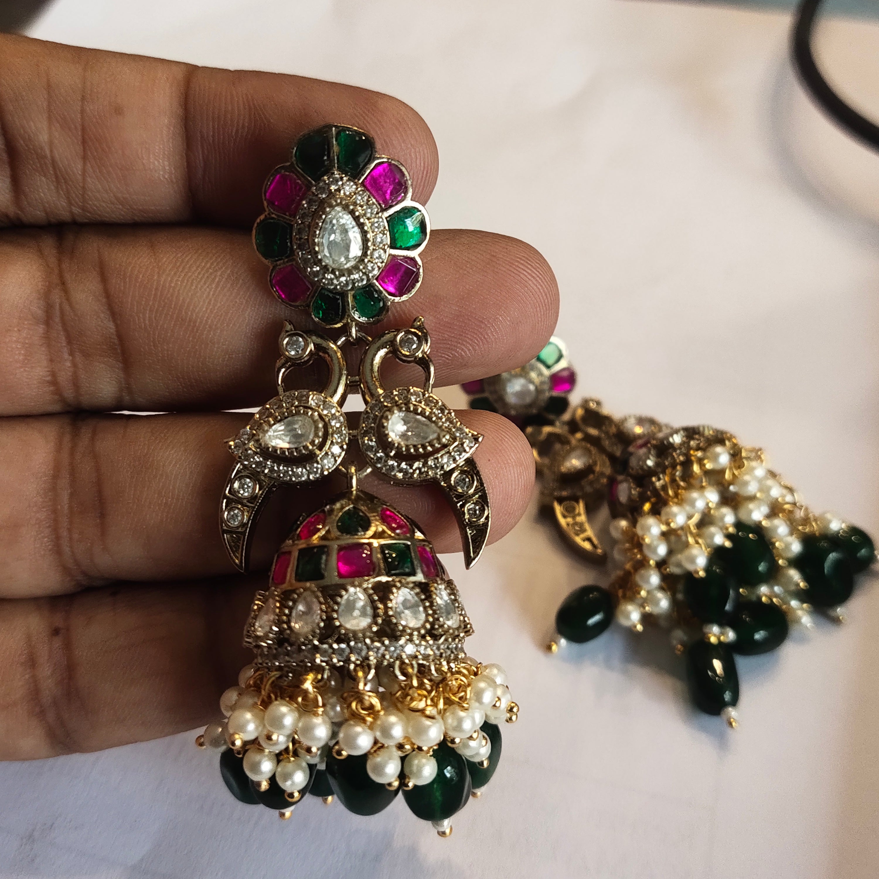 Asp Victorian CZ Peacock Jhumka Earrings