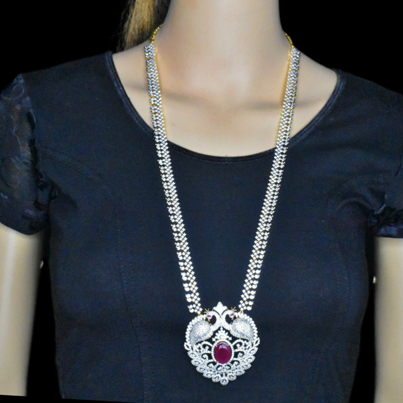 Diamond Long Haram with Ruby & CZ - 24K Gold American Diamond Bridal Set