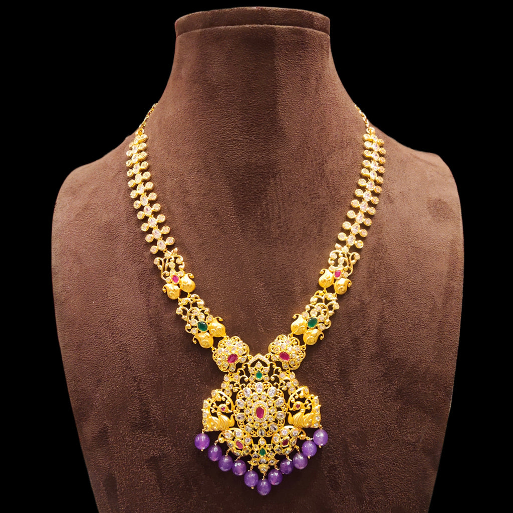 Designer CZ Middle Haram - 24K Gold Peacock Design Wedding Necklace Set